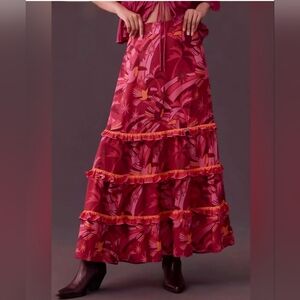 Farm Rio Tropical Toucan Shirred Tiered Ruffle Maxi Skirt,Size Large